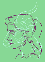 Antelope face.One continuous line.Portrait of a female face.Animal head.Carnival mask on the face of a female character.Totem symbol.Tattoo design Face and animal profile.Continuous color line.Impala 