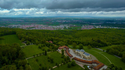 aerial panorama view around the city Leonberg and palace Schloss Solitude on a cloudy day in spring.
