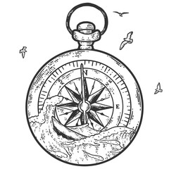 Ocean graphic raster illustration with compass, waves. Travel, outdoor, adventure, explore symbol. © toricheks