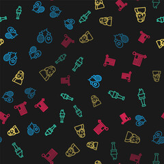 Obraz premium Set line Balloons, Torch flame, Benjamin Franklin and American flag on seamless pattern. Vector