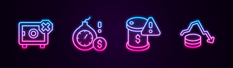 Set line Safe, Money bomb dollar crisis, Drop in crude oil price and Dollar rate decrease. Glowing neon icon. Vector