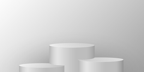 Simple round pedestal on a light background. Cylindrical podium for display our product. 3d stage. Vector illustration.