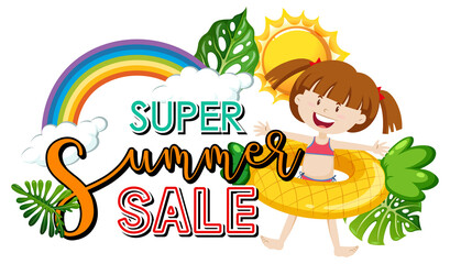 Super Summer Sale banner with a girl and summer elements