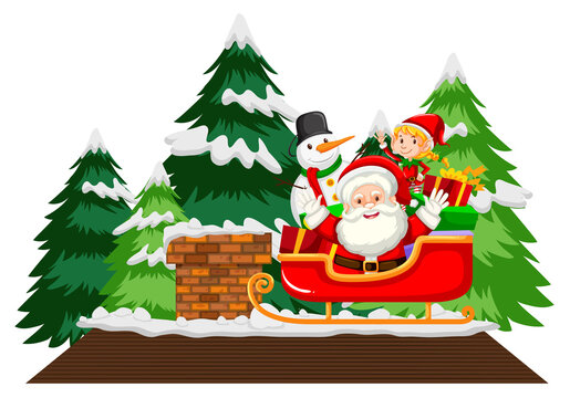 Santa Claus with many gifts on a sleigh on white background