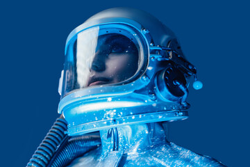 Woman in space protective clothing in cosmic room