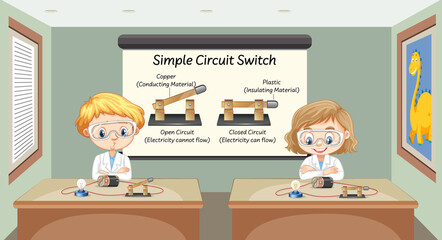 Scientist explaining simple circuit switch - obrazy, fototapety, plakaty