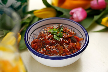 
Herrings from oyster mushroom in tomato sauce.
A colorful appetizing dish. Culinary photography,...
