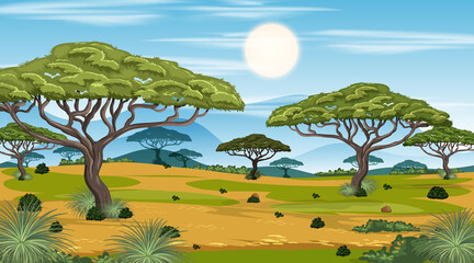 African Savanna forest landscape scene at day time