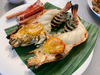 Charcoal  grilled king river prawn - close up.