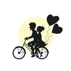 young cute couple riding bike with heart balloons romantic silhouette vector illustration