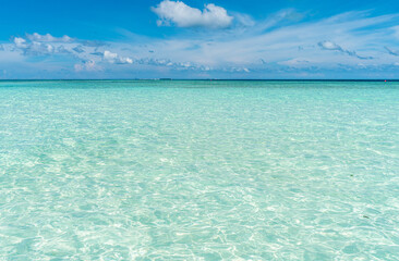 Paradise white sand beach and turquoise water in nice summer day, Gulhi Island, Maldives