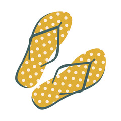 Yellow flip-flops with light polka dots with a green partition. Slippers isolated on white. Design element, printing on T-shirts, pillow decor, travel and leisure paraphernalia. 