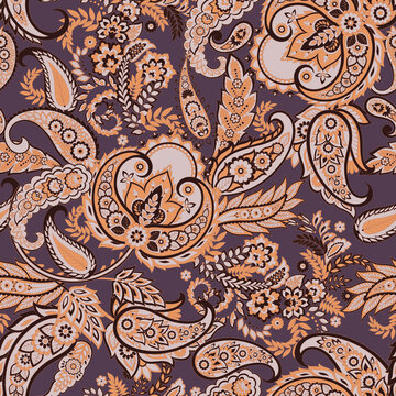 Paisley vector seamless pattern. Fantastic flower, leaves. Batik style painting. Vintage background