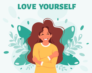 Love yourself concept. Woman hugging herself. Vector illustration
