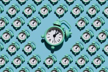 Table clock pattern in modern style with hard shadows, flat lay. Budtbook on a blue background in the form of a pattern. Irregular pattern.
