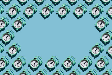 Table clock pattern in modern style with hard shadows, flat lay. Budtbook on a blue background in the form of a pattern. Irregular pattern, space for text.
