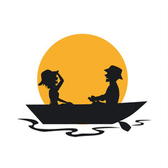 silhouette of couple having a romantic trip on a rowing boat