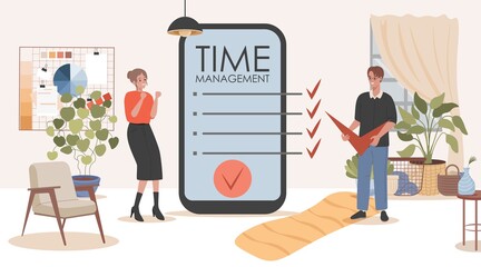 Time management mobile application vector flat illustration. Man and woman standing near big smartphone screen with to do list on display. Work optimization and organization, productivity concept.