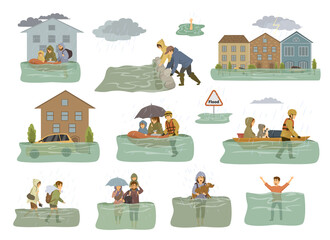 flood infographic elements. flooded houses, city, car, people escape from floodwaters leaving houses, homes, rescue families animals, building sandbag barrier for protection - obrazy, fototapety, plakaty