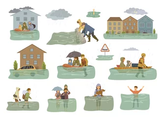 Foto op Aluminium flood infographic elements. flooded houses, city, car, people escape from floodwaters leaving houses, homes, rescue families animals, building sandbag barrier for protection © VecTerrain