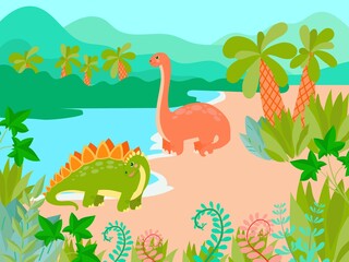 Obraz premium Set of cute dinosaurs on the background of nature in cartoon style. Bright childish drawing with animals. Vector illustration isolated on white background.