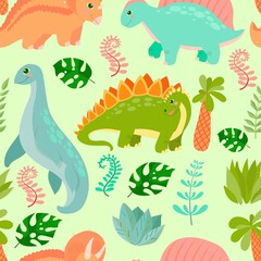 Pattern of Cute Dinosaurs. Little dinosaur's birthday. Bright children's print. Vector illustration with colored background