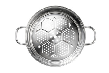 Stainless steel steamer tray isolated on white background. Kitchenware. Top view.