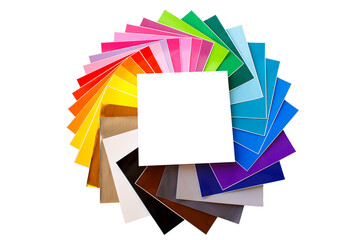 Twisted pile of colorful 12x12 sheets of adhesive paper with box isolated over the white background. Mockup.