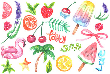 Big set of watercolor elements with summer bright designs, fruits, icecream, flamingo etc. Elements drawn by hand for your summer themed design