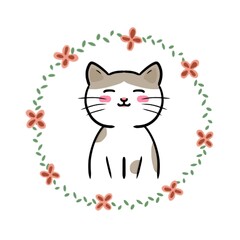 cat cartoon in flower circle on white background