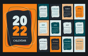 Calendar 2022 template, orange, green, peach, white and black desk calendar design. Week start On Monday, planner, stationery, wall calendar. Vector illustration