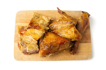 Top view of grill chicken (Chicken breast, chicken wings, chicken drumstick) marinated with thai herb isolated on a white background.