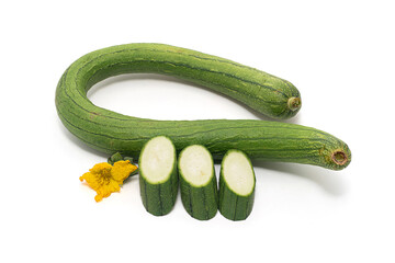 1 Long Luffa Sponge Gourd (Luffa Cylindrica Gourd) and 3 sliced and flower isolated on a white background.