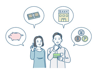 老後の資金を考える中高年の夫婦　貯金　投資　金銭　男女　ミドル　イラスト素材