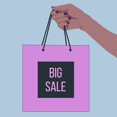 Woman's hand holding a sale package. Vector.