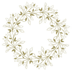 Fototapeta na wymiar Gold round volumetric frame with leaves. Circular template for design. Plant botanical elements. Line art. Hand drawing.