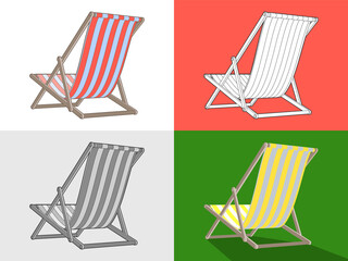 Vector illustration of a deck chair made in four different options: cartoon coloful image with stroke, simple outline drawing, grayscale and color with no outline. Rear view.