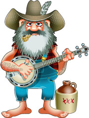 hillbilly with corncob pibe playing banjo