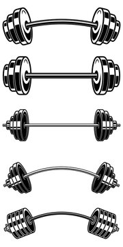 Set of illustrations of weightlifting barbell. Design element for logo, label, sign, emblem, banner. Vector illustration