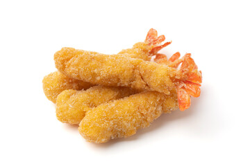 Pile of Shrimp tempura isolated on a white background. Deep-fried prawns with crispy flour and breadcrumbs.