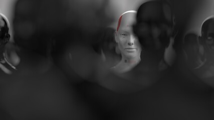 a group of robots standing in rows one robot from all has a clear difference © evgeniy