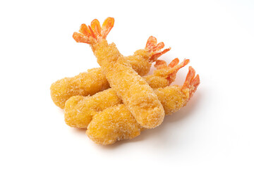Deep-fried prawns with crispy flour and breadcrumbs (Shrimp tempura) isolated on a white background.