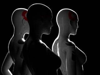 a group of female robots standing with their backs to the viewer