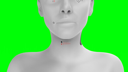 close-up portrait of a robot woman on a green background concept of robotics and artificial intelligence