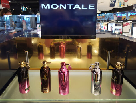Antalya, Turkey - May 11, 2021: Composition of Montale parfums in shop