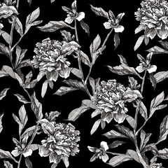 Monochrome black and white seamless pattern outline flowers peony on black background. Design for textiles, fabrics, packaking, wallpapers, home decoration