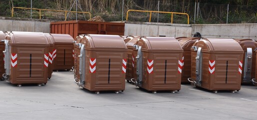 Brown waste bins for organic matter. Recycling to make compost in the city of Logroño, La Rioja,...