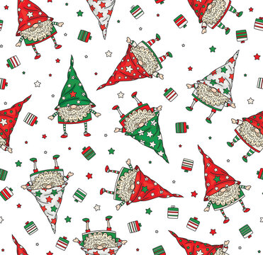 Vector Christmas seamless pattern of funny gnomes cartoons,  isolated on white.
