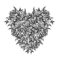 Beautiful monochrome black and white heart decorated by flowers peony. I love you. Valentine illustration. Design for company branding, greeting, wedding and valentine cards, poster, invitation. 