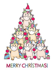 Vector funny unicorns holding baubles. Unicorns Christmas tree. Merry Christmas card.